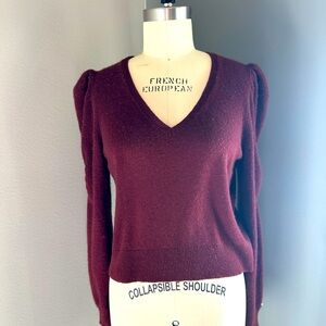 Frame Frankie Cashmere V Neck Sweater, Puff Sleeves, Wine, Medium